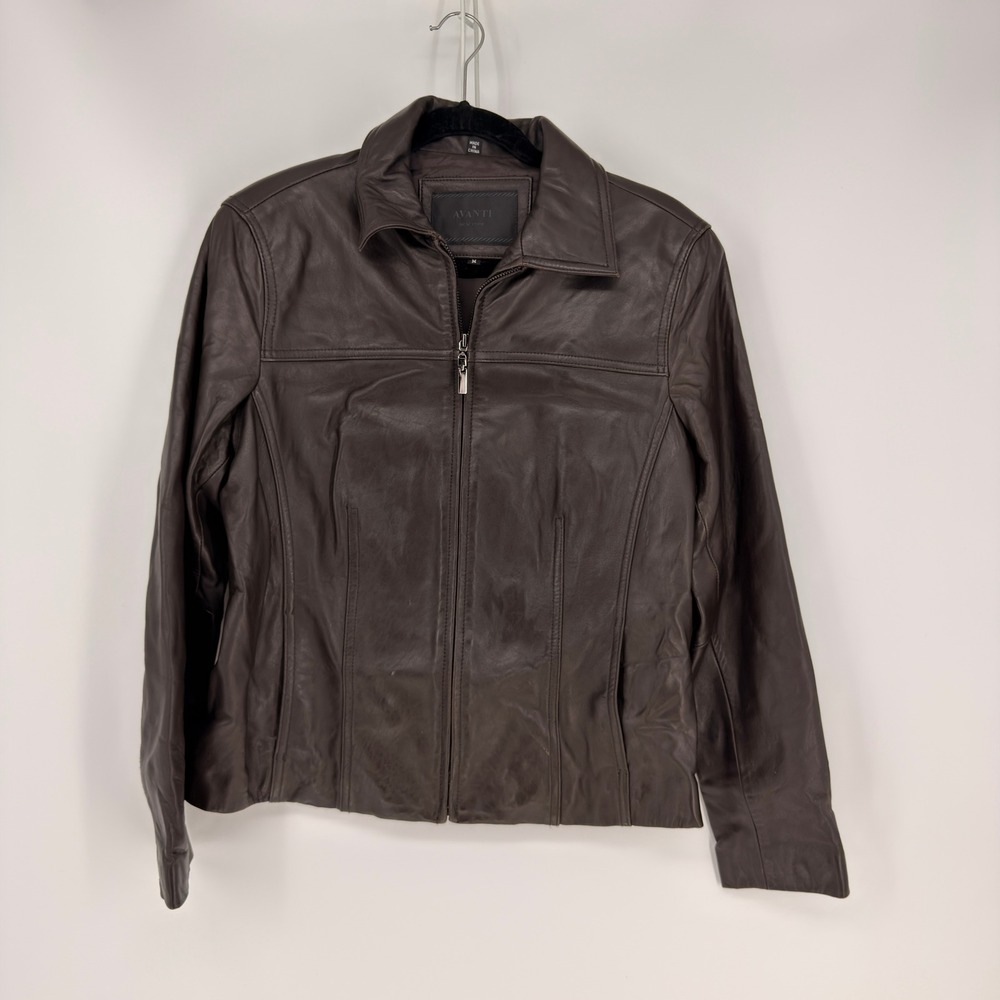 Avanti New York Leather Jacket Womens M Brown Zip Up Moto Minimalist Biker VTG